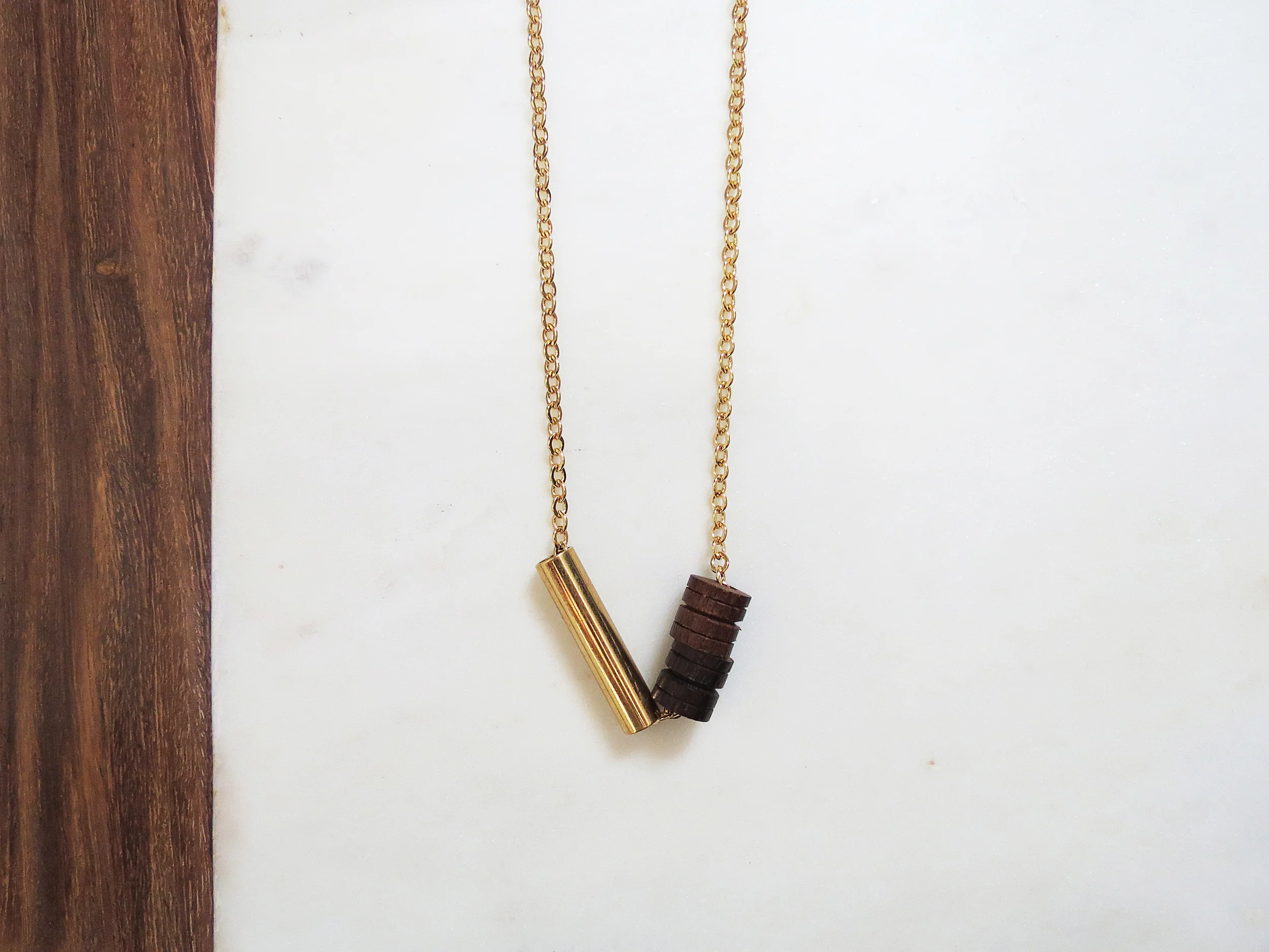 Sloane minimal modern handmade jewelry gold brass tube + wood bead minimal long statement necklace detail