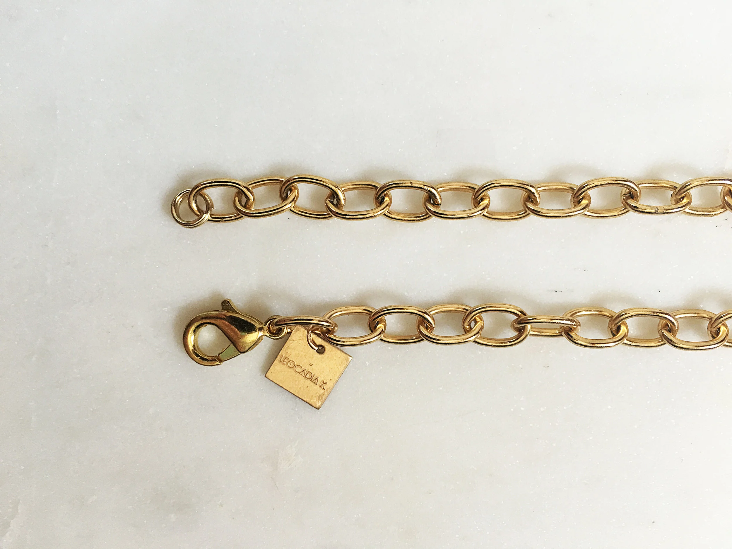 Leocadia K. large chain lobster clasp closure + hand stamped brass tag