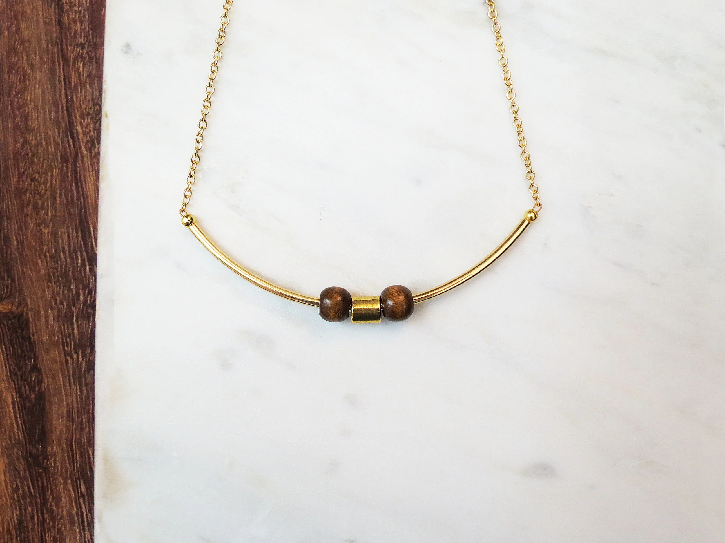 Golden Arc minimal modern handmade jewelry gold brass plated tube wood bead short statement necklace