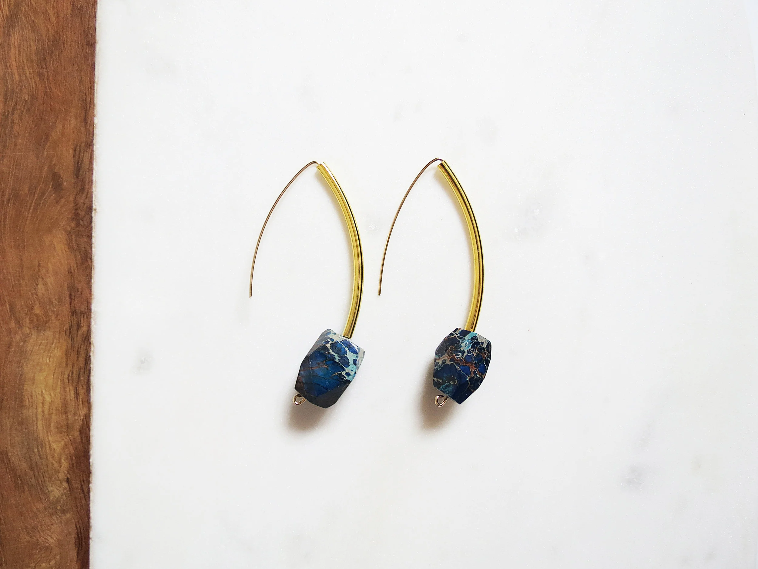 Jasper Clan minimal modern handmade jewelry gold plated brass, gold-filled wire, imitation jasper earrings blue faceted