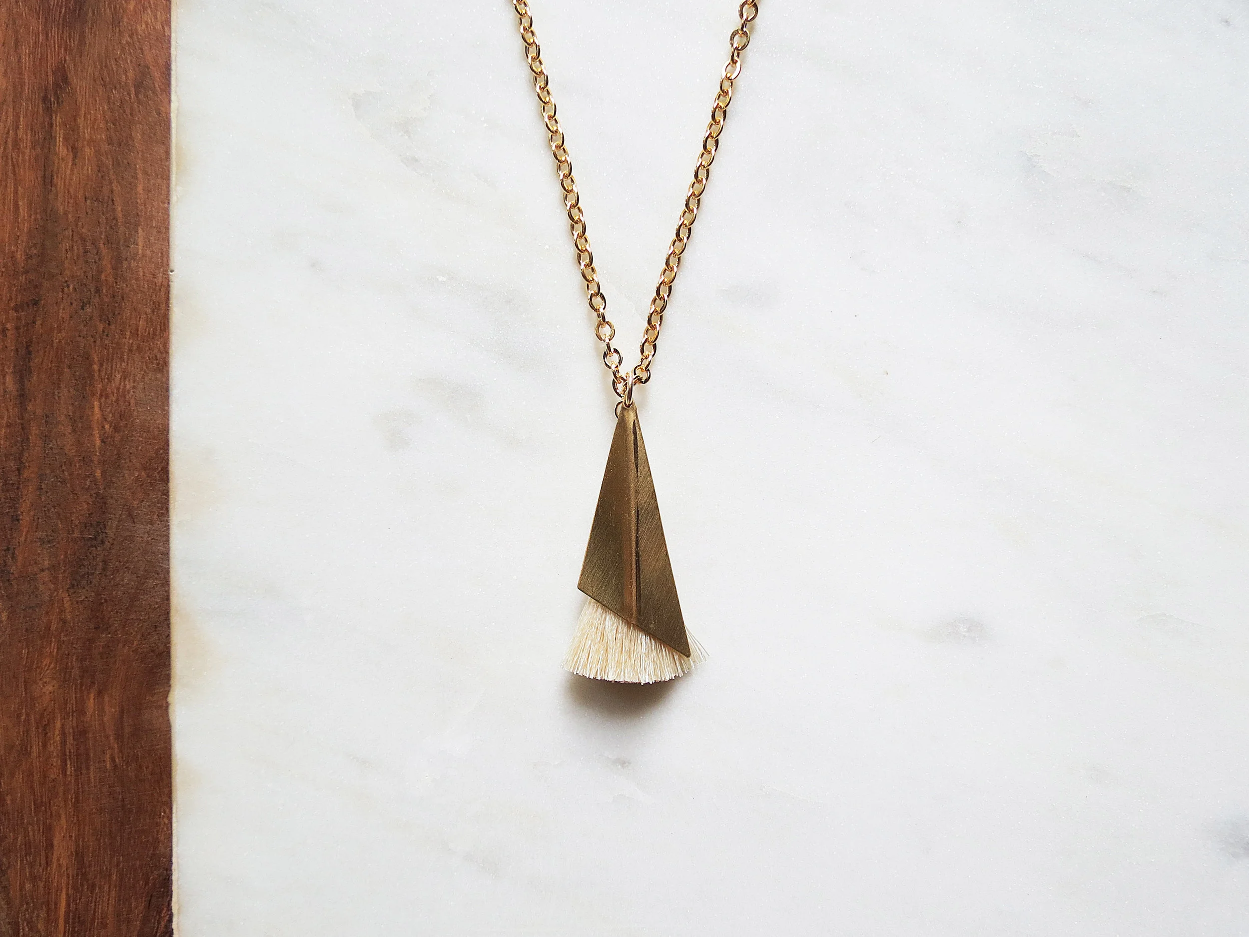 Modern Mala minimal modern handmade jewelry gold raw brass faceted triangle + nylon silk tassek long statement necklace white creme
