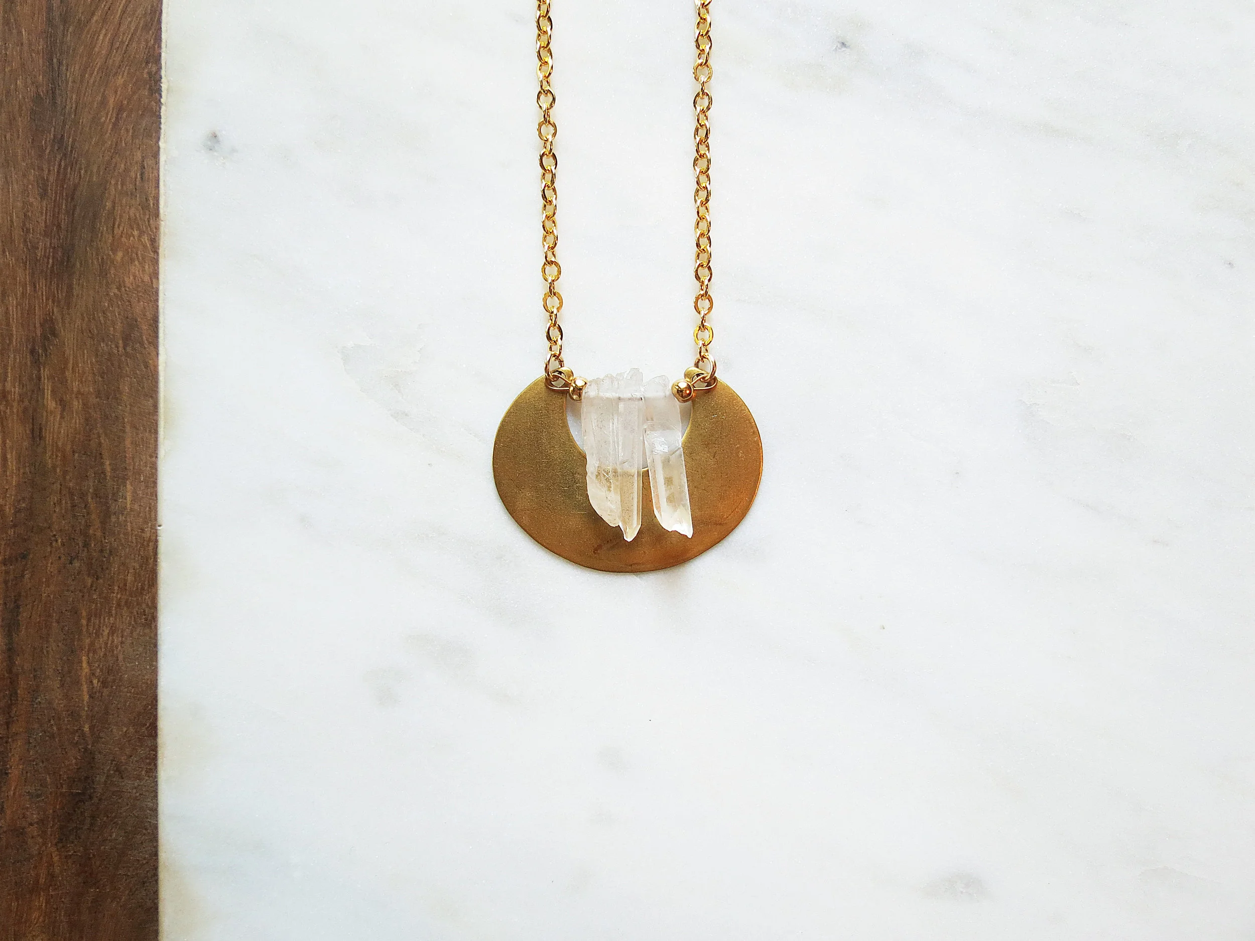 Crystal Moon minimal modern handmade jewelry gold raw brass + white crystal quartz short statement necklace detail