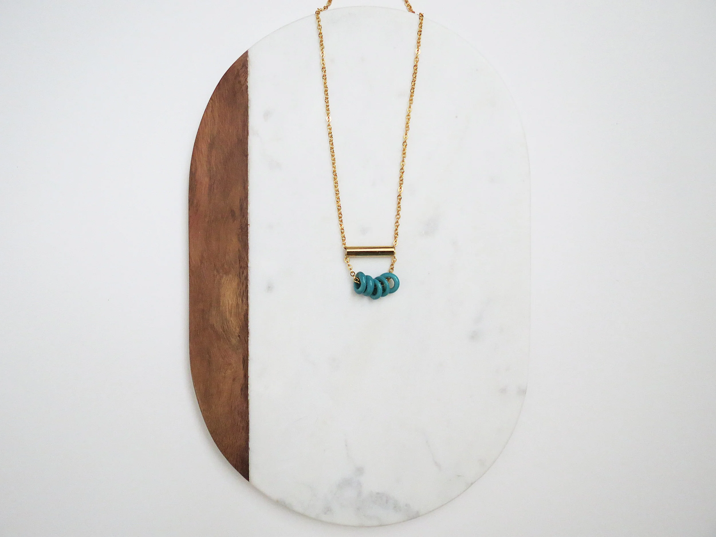 Mali minimal modern handmade jewelry gold raw brass tube + wound glass donut beads turquoise long statement necklace