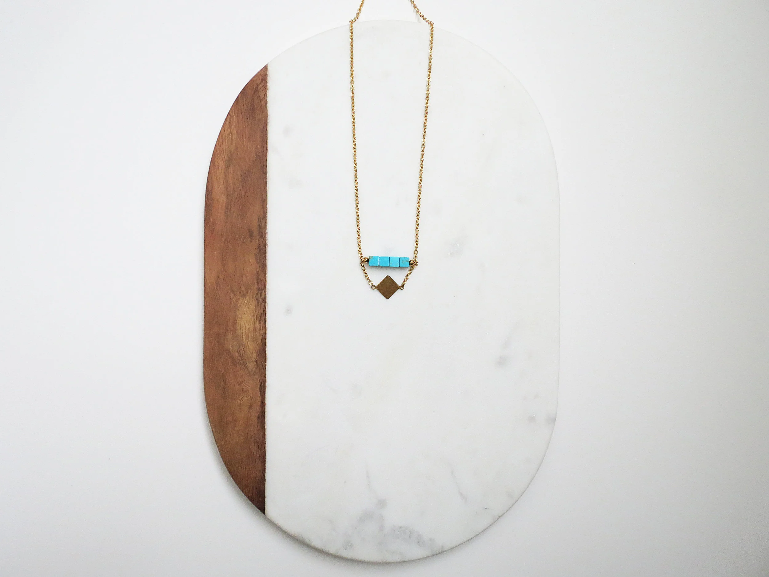 Turquoise Square minimal modern handmade jewelry gold raw brass diamond + turquoise howlite cubes short statement necklace
