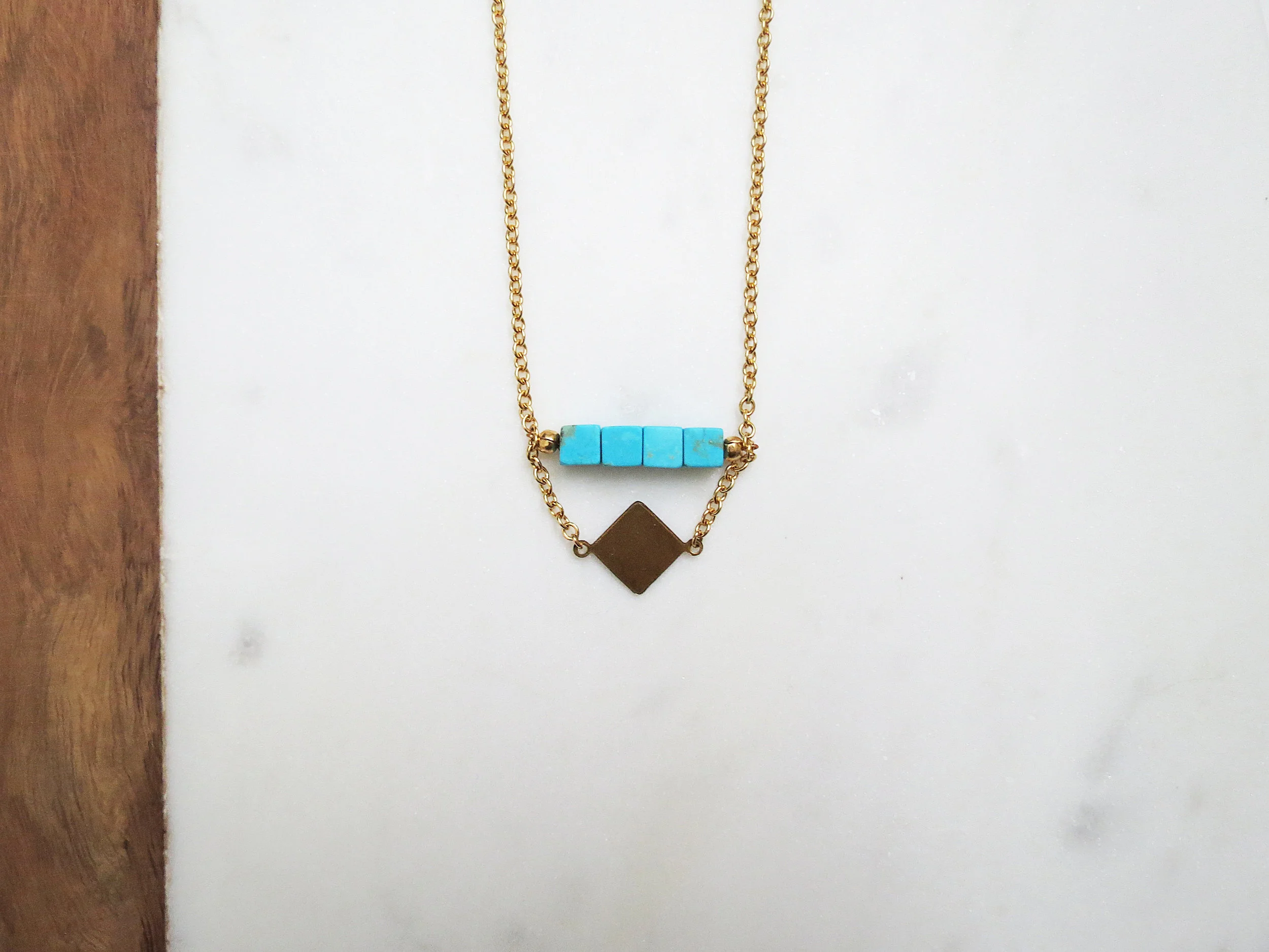 Turquoise Square minimal modern handmade jewelry gold raw brass diamond + turquoise howlite cubes short statement necklace detail