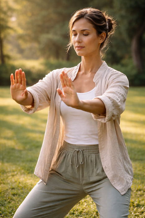 Woman practicing qigong outside in nature.