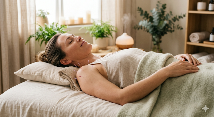 woman laying on her back with acupuncture needles inserted into her shoulder.