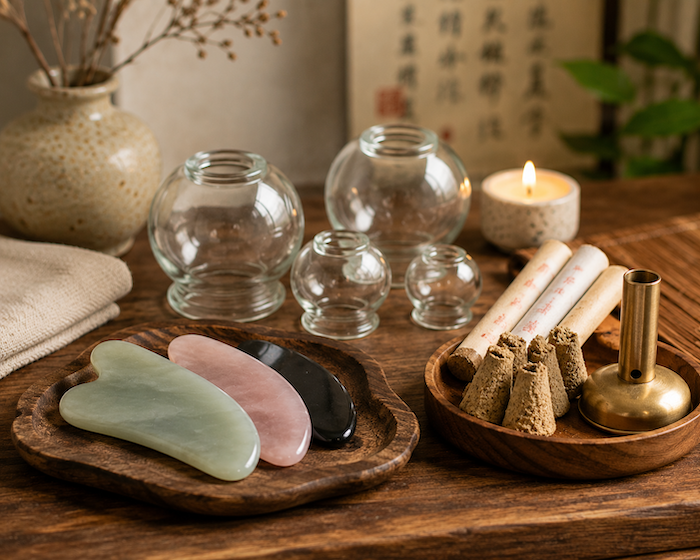 close-up of cupping, gua sha, and moxibustion tools on a table.