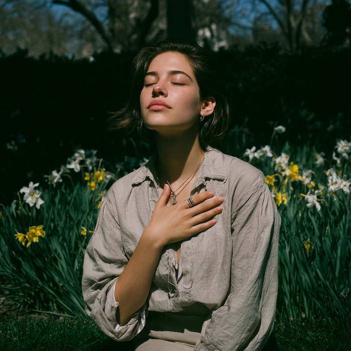 woman outside in spring time sitting in peace with her hand on her chest