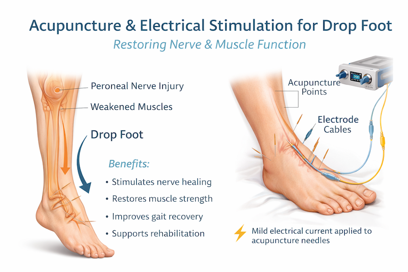Infographic for Drop Foot showing the benefits of acupuncture and electrical stimulation.