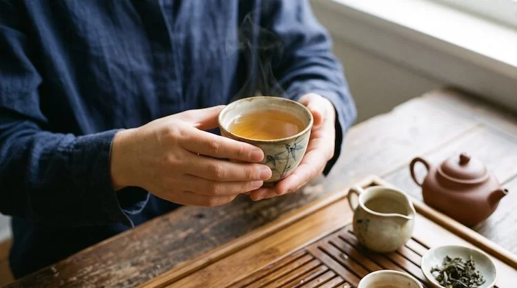 close up of a person hands holding a cup of chinese tea.