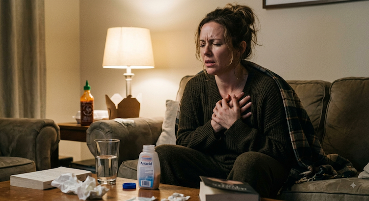 woman sitting on a couch next to a coffee table and clutching her upper chest in visible discomfort from heartburn