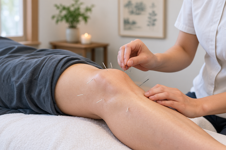 close up of a knee with acupuncture needles.