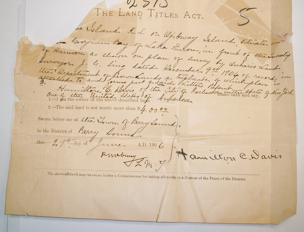 May Bragdon’s copy (left) of Hamilton Davis’s map showed the area south of the lighthouse in 1903. Island KX, later known as Ojibway, was surveyed by J. G. Sing in 1904. In 1906, Hamilton Davis received his patent (above) from the Crown for Ojibway Island.