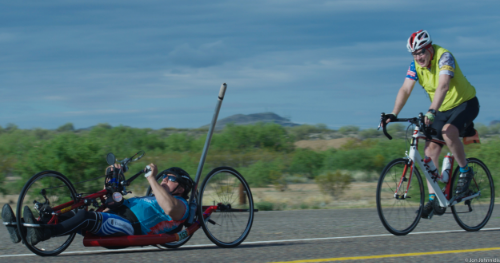 Congressman Larry Kissell and hand cyclist Robbie parks 
