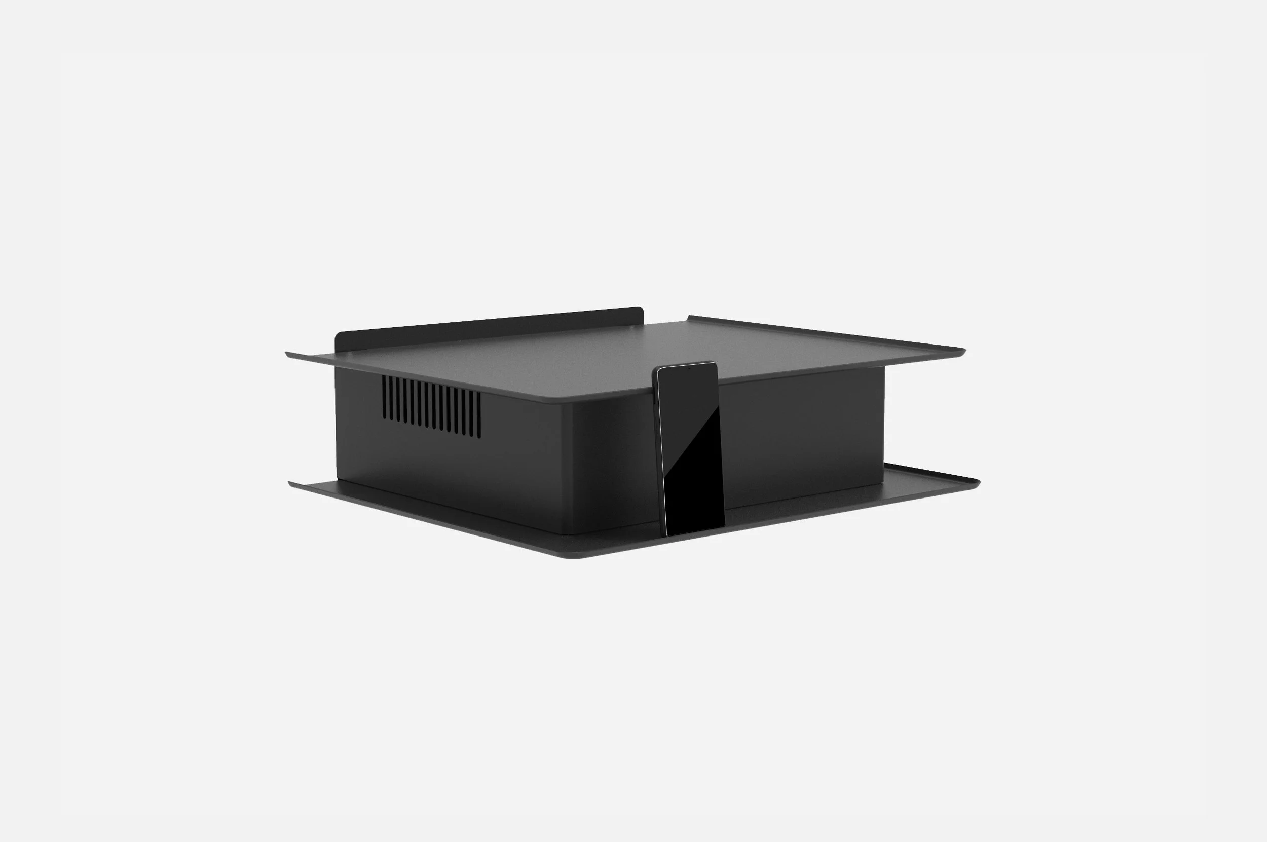 Small black modern kitchen extractor fan with added shelving and phone stand