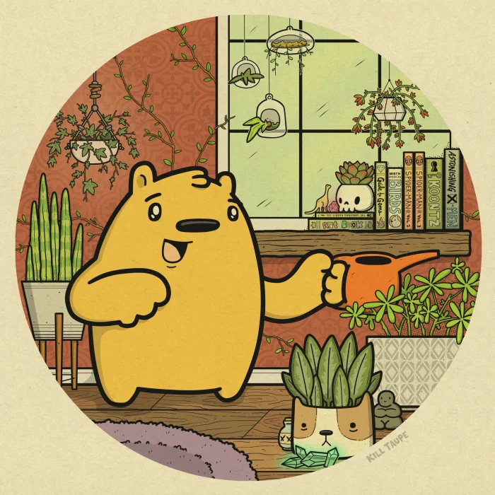 "A Good Life" celebrates living simply. This yellow bear is just happy to tend to his many, many houseplants and then lose himself in a good book. 