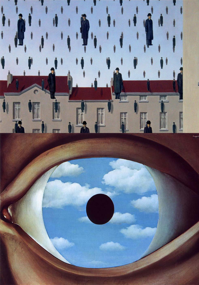 René Magritte, Golconda , 1953; T he False Mirror , 1928