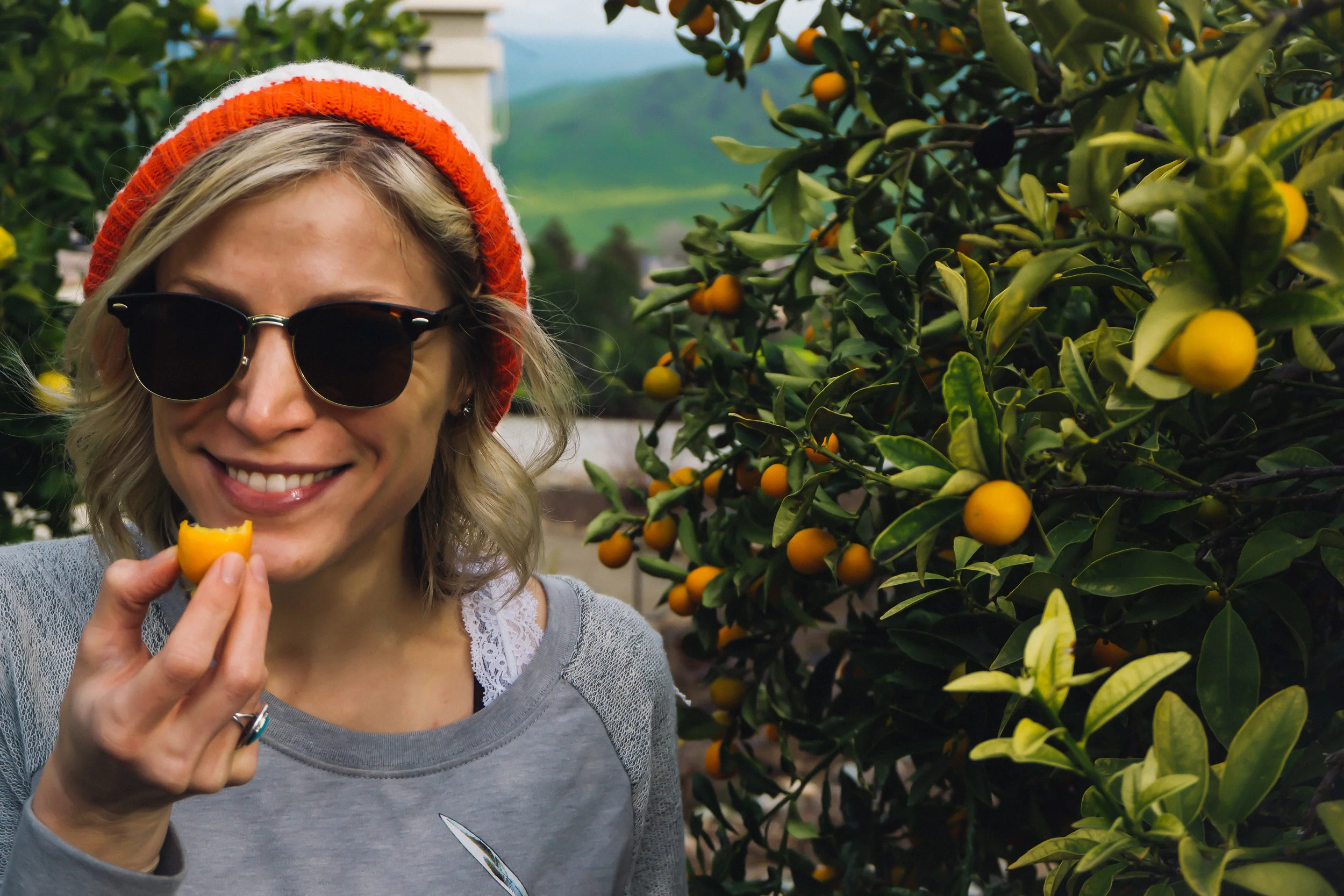 Had to post a picture eating a kumquat. Mainly, because they are so cute, so fun to say (kumquat!) and extremely delicious!