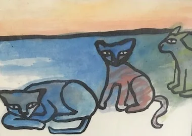 Drei Katzen am Meer 1995 höhe 16 breite 22 109euro