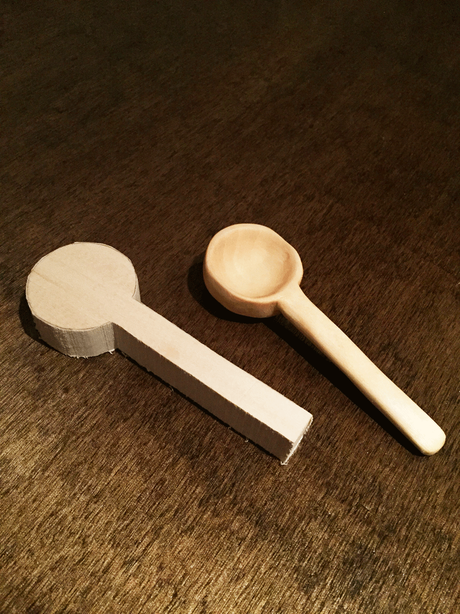 On the left is what I started with. After gouging, whittling, sanding and polishing, I turned it into the spoon on the right.