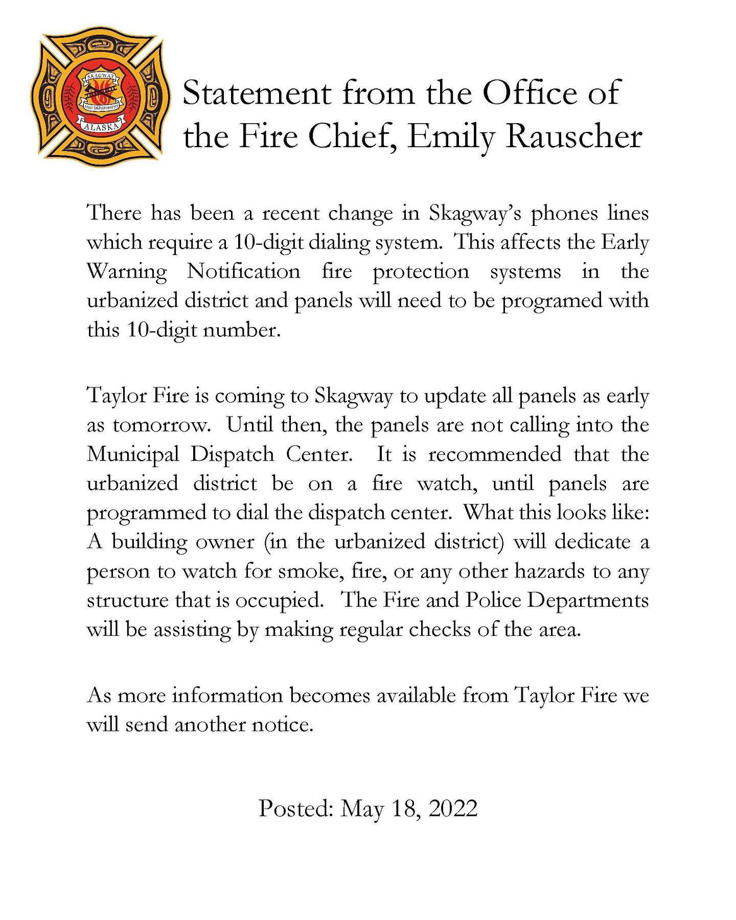 Notice regarding fire alarm systems in Skagway.