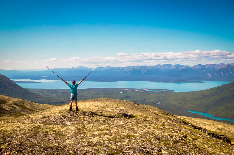 We bush whacked up to Holy Mountain, the big lake is Lake Clark. The little lake to the right is Lake Kontrashibuna, see the photo above