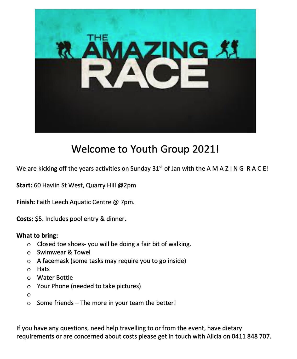 B E N D I G O YOUTH
Ready for this epic battle of the teams?
Get your team together for the amazing race 🏃 🏊 🚴 
#youth #youthgroup #amazing #race #amazingrace #bendigo #mycplus #battle #swim #bbq
