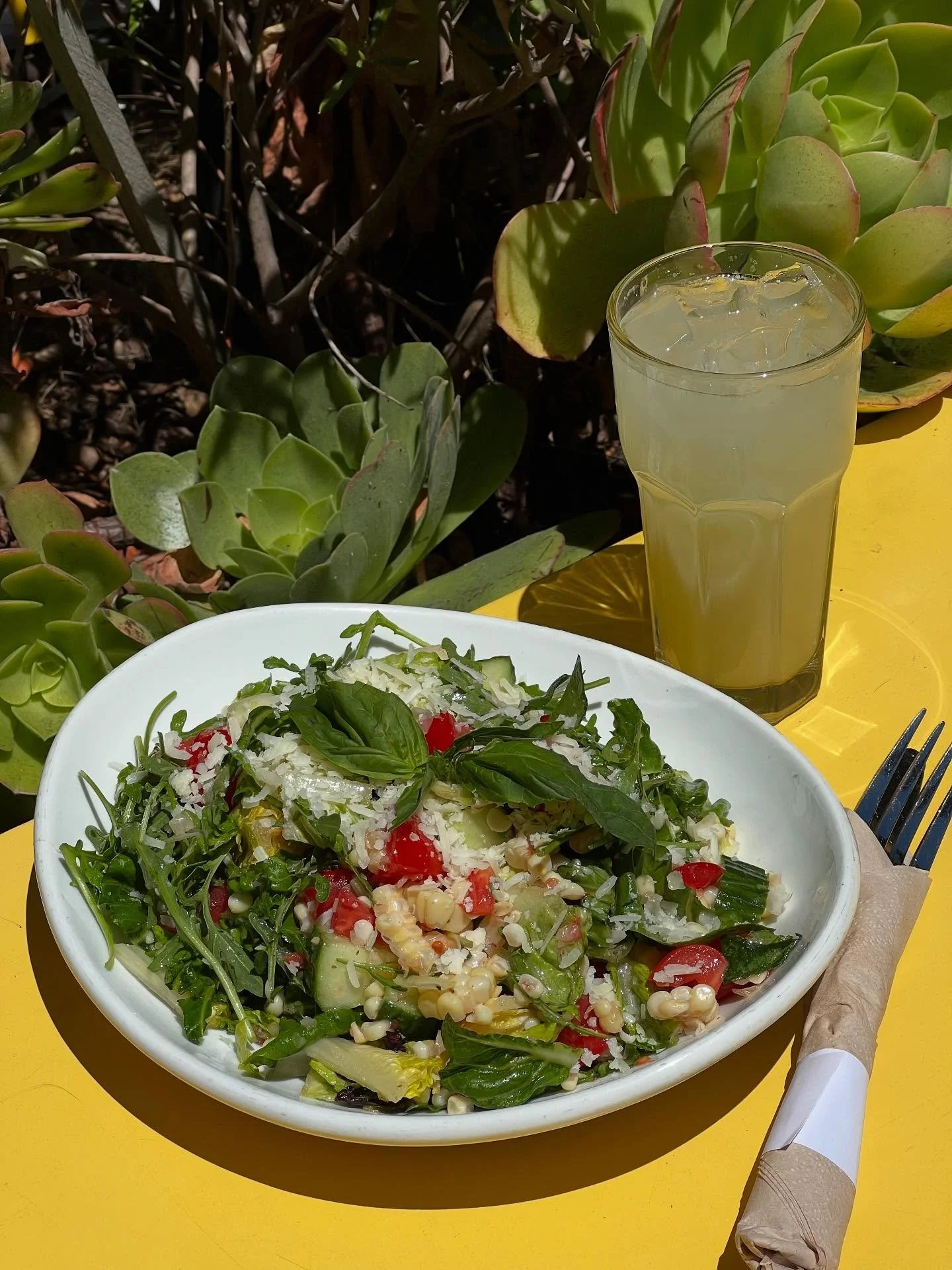 New menu item: Late Summer Salad! 🌱☀️

Featuring peak summer early girl tomatoes
Sweet white corn
English cucumber
Arugula + little gems
Manchego cheese
Basil
Red wine vinaigrette