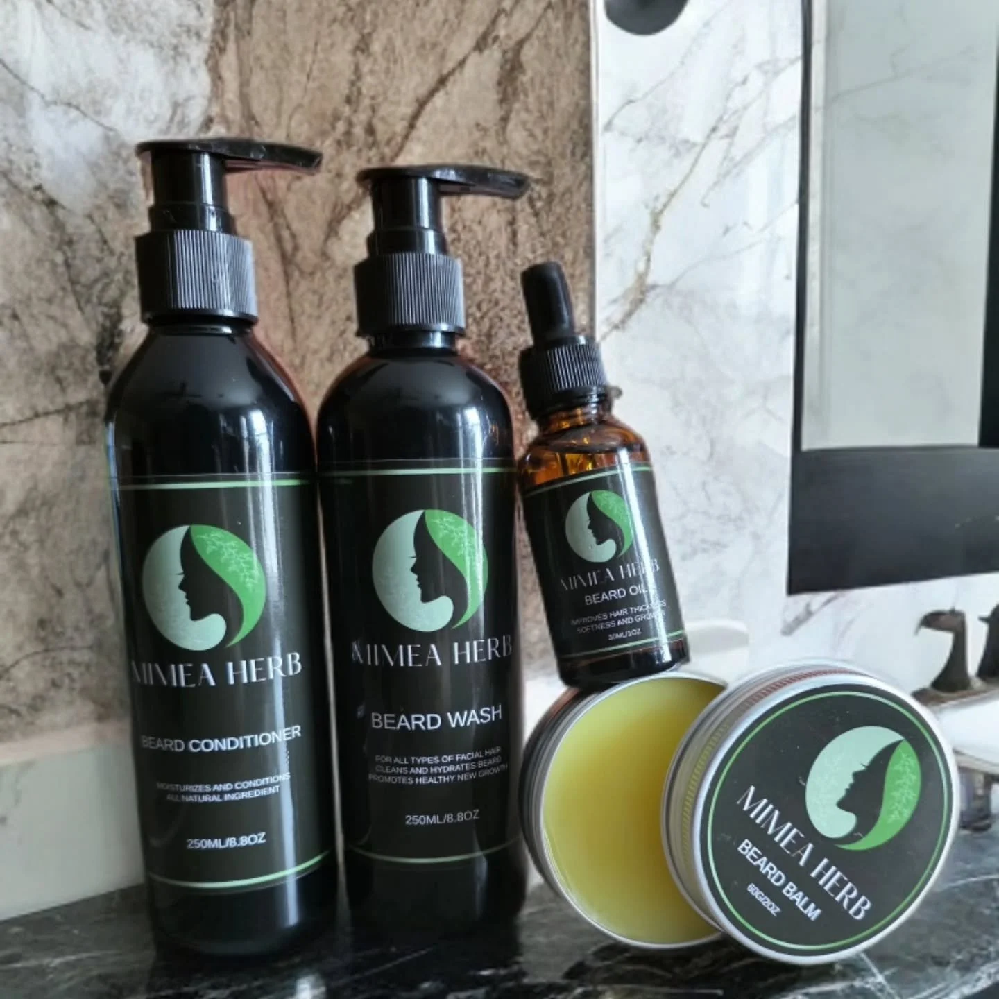 ATTENTION ALL FUZZY FACED MEN‼️ Show your facial hair some TLC by introducing it to Mimea Herbs Beard Product line. 

🌿What all comes with it?:
- Beard Wash
- Beard Conditioner 
- Beard Oil
- Beard Balm

🌿Where can I buy?
You can purchase these pro