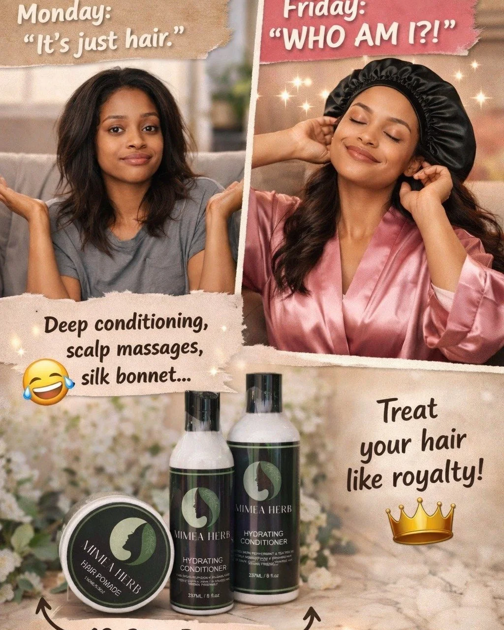 POV: You finally start your hair care routine and now you&rsquo;re out here acting like your shampoo costs more than your rent 💁&zwj;♀️✨

Monday: &ldquo;It&rsquo;s just hair.&rdquo;
Friday: Deep conditioning, scalp massages, silk bonnet, 12-step rou