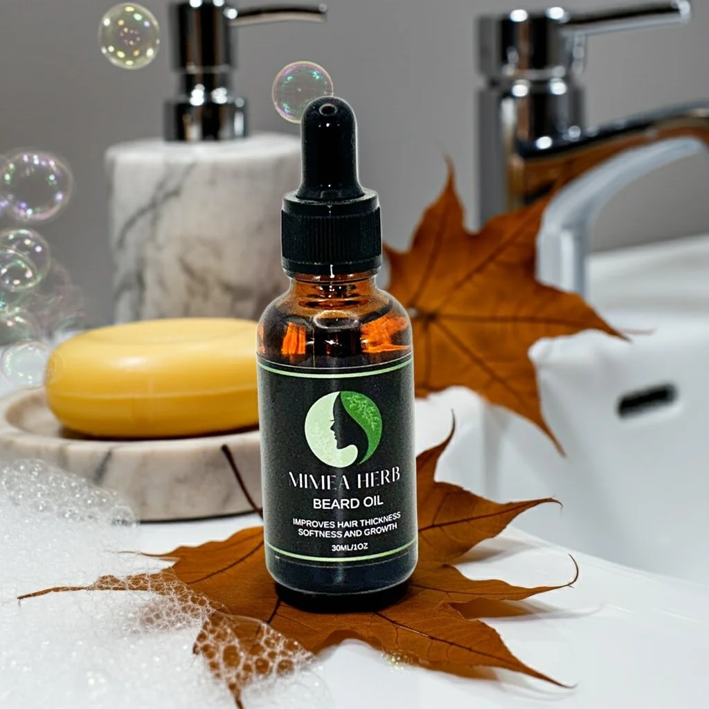 A small amber glass bottle of Minee Herb Beard Oil with a black dropper cap, placed on a large dried autumn leaf. In the background, there is a bar of soap, a soap dish, and soap bubbles, with a white marble container and a silver faucet visible.