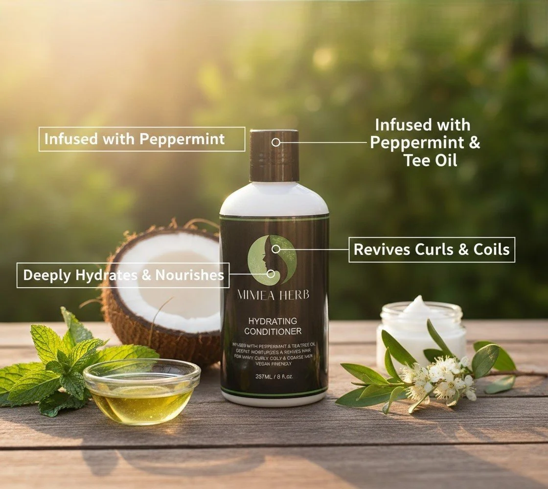 Hydrating conditioner bottle labeled 'Mimea Herb' with peeled coconut, mint leaves, a bowl of oil, and a jar of cream on a wooden surface outdoors in sunlight.