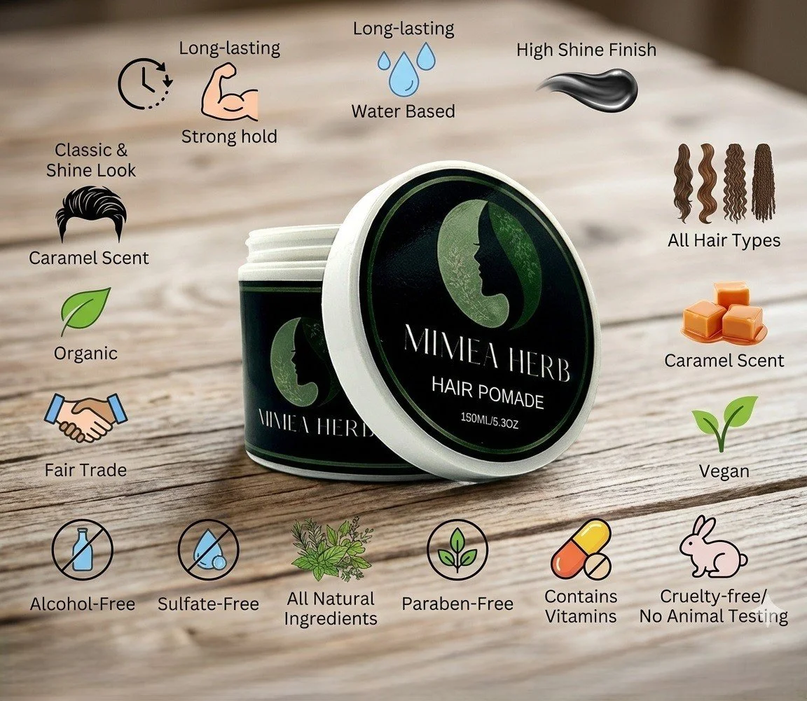 A jar of Mimea Herb hair pomade on a wooden surface with icons and text highlighting its features such as long-lasting, water-based, high shine finish, all hair types compatible, caramel scent, organic, fair trade, vegan, alcohol-free, sulfate-free, all natural ingredients, paraben-free, contains vitamins, and cruelty-free/no animal testing.
