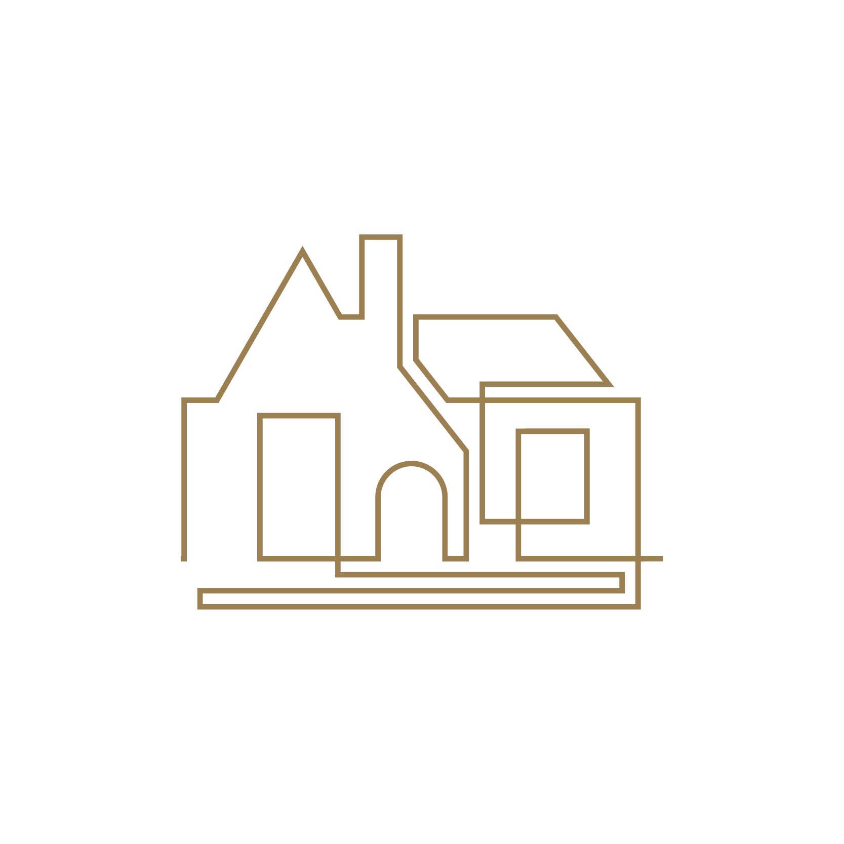 A black background with an abstract line drawing of a house in gold lines.