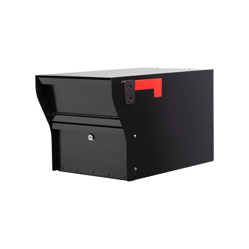 A black mailbox with a red flag, isolated on a white background.