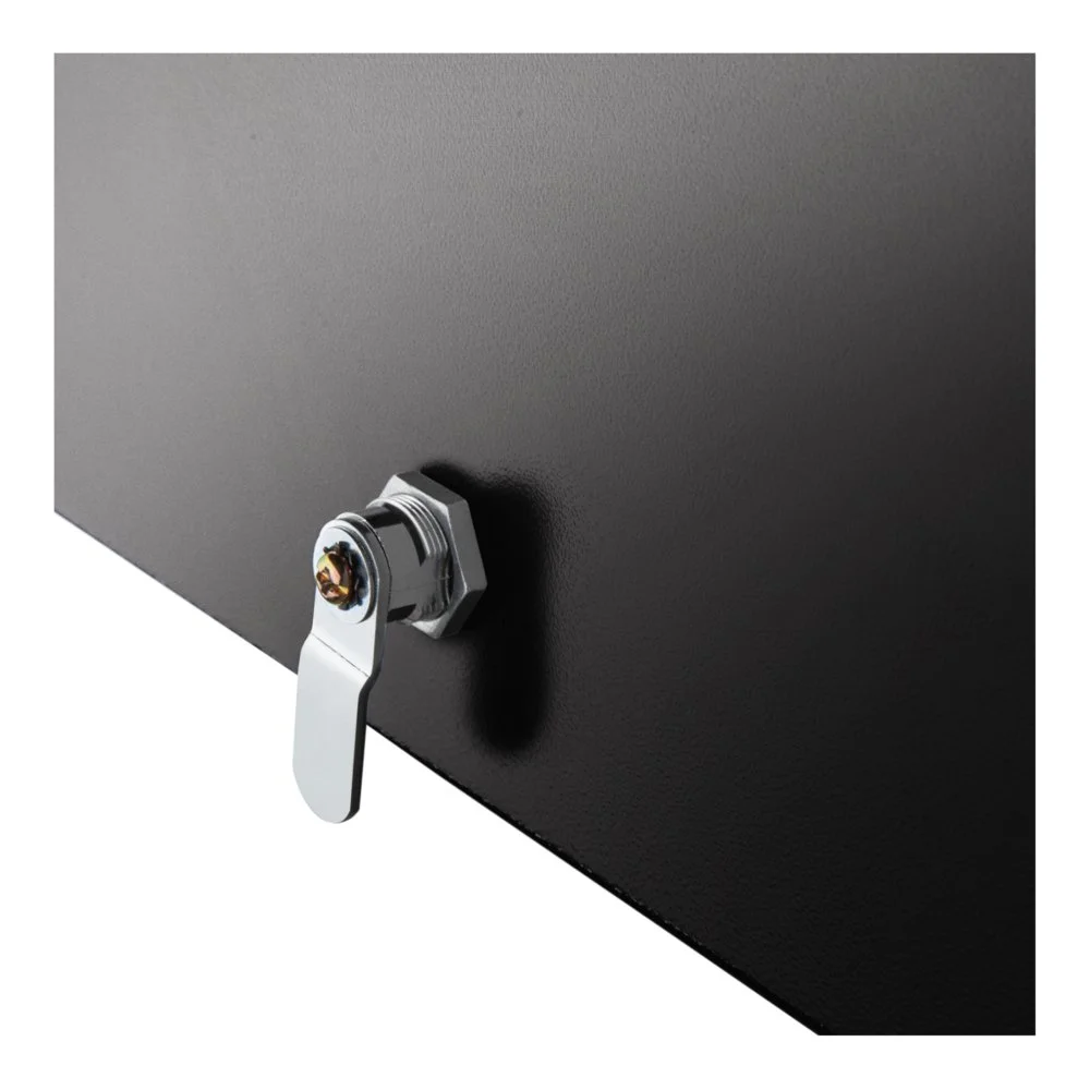 Close-up of a lock latch on a black metal surface.