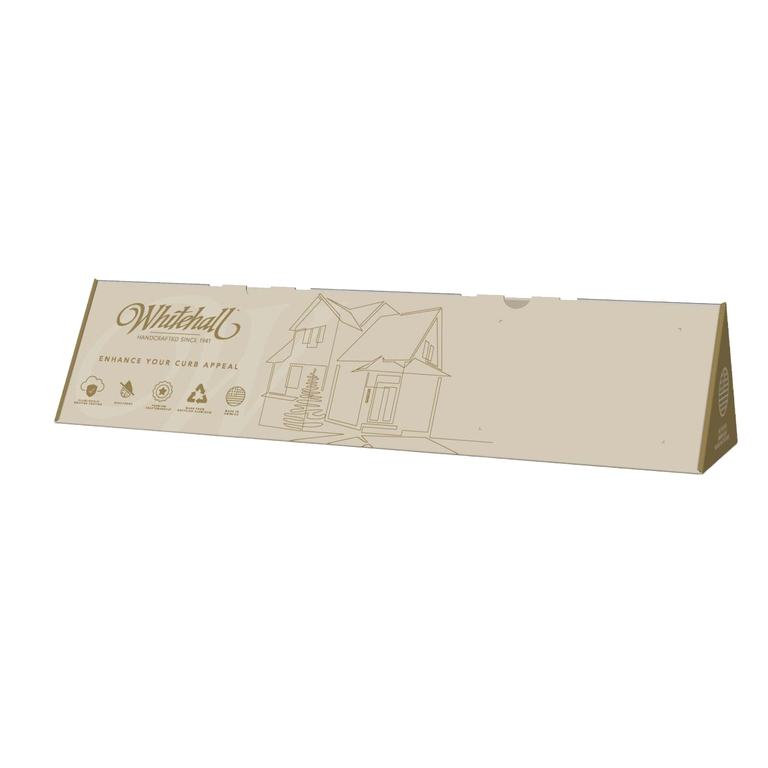 A beige cardboard box with house illustrations and text that reads 'Whitehall Handcrafted Since 1941' and 'Enhance Your Curb Appeal'.