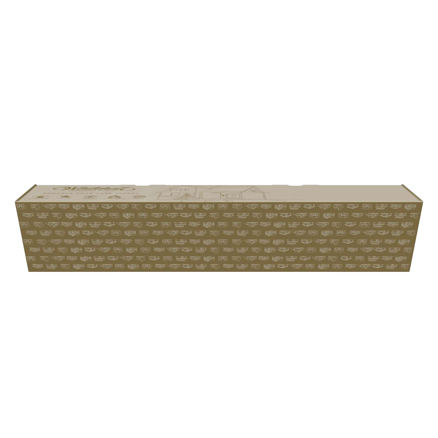 A rectangular box with a beige background, decorated with small white icons of houses, in front of black background.