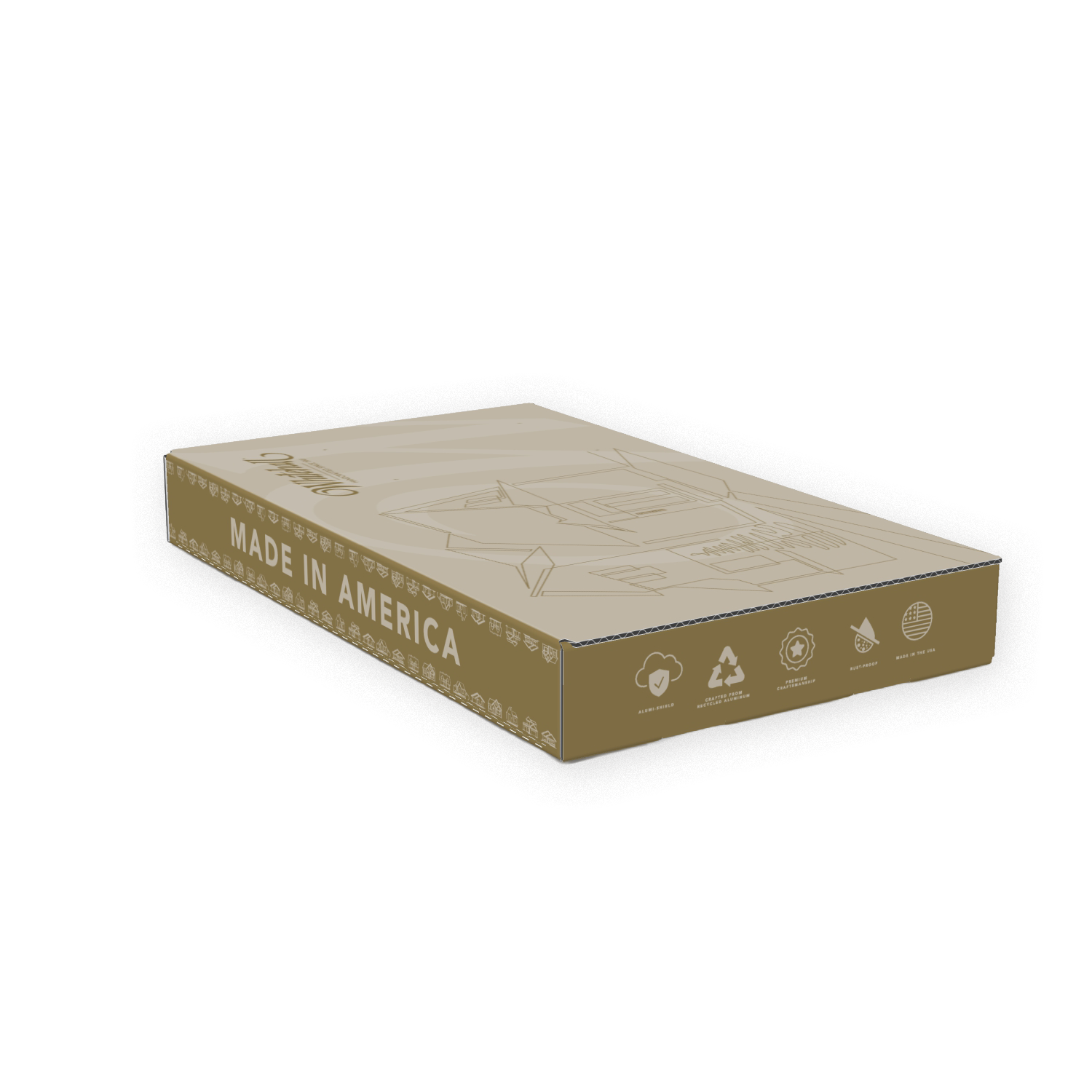 A rectangular cardboard box with graphics and text, including 'Made in America' and icons indicating features such as aluminum shield, recycled material, and durability. The box is beige with brown accents.