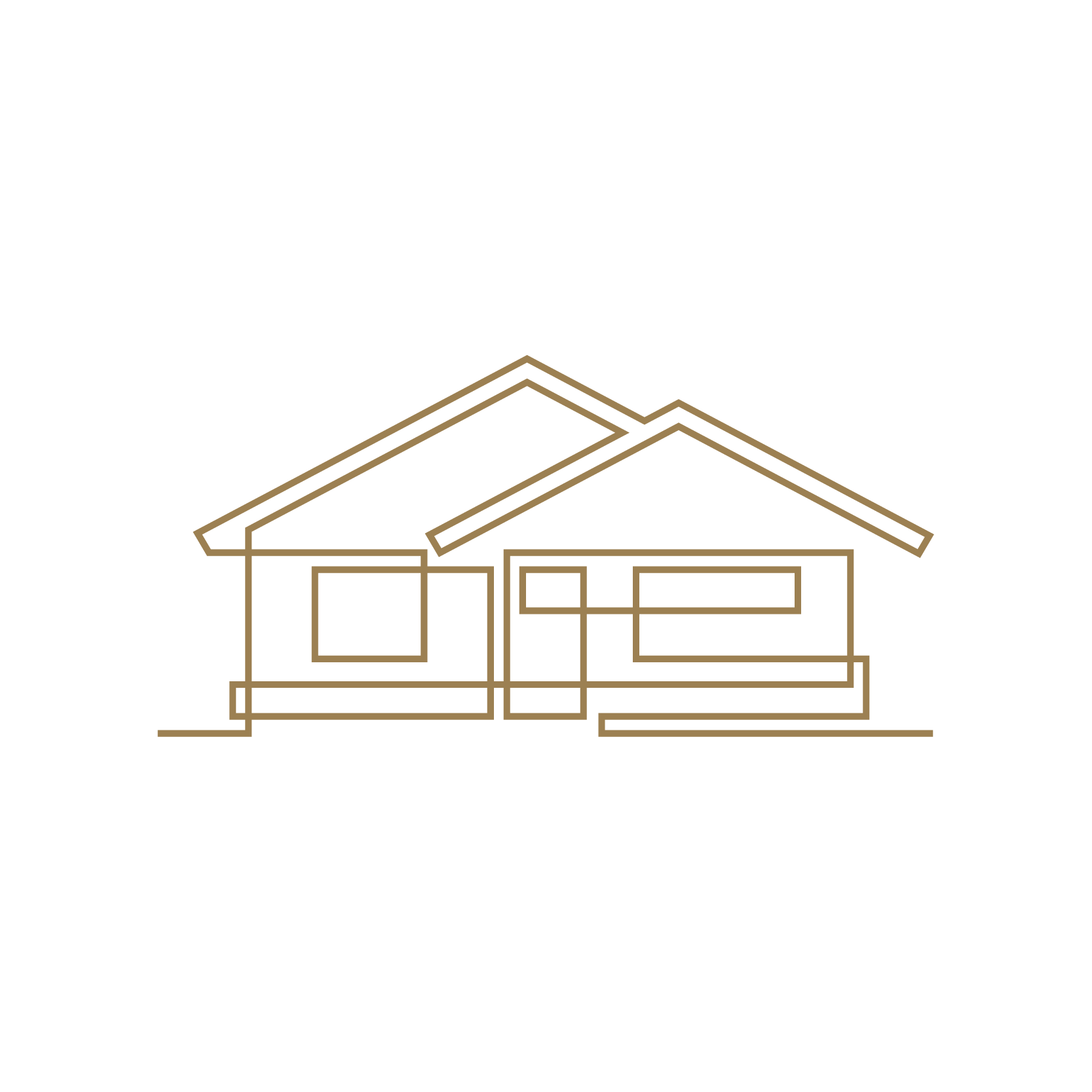 Line drawing of a house with a gabled roof, windows, and a front door, depicted in a minimalist, single-line style.