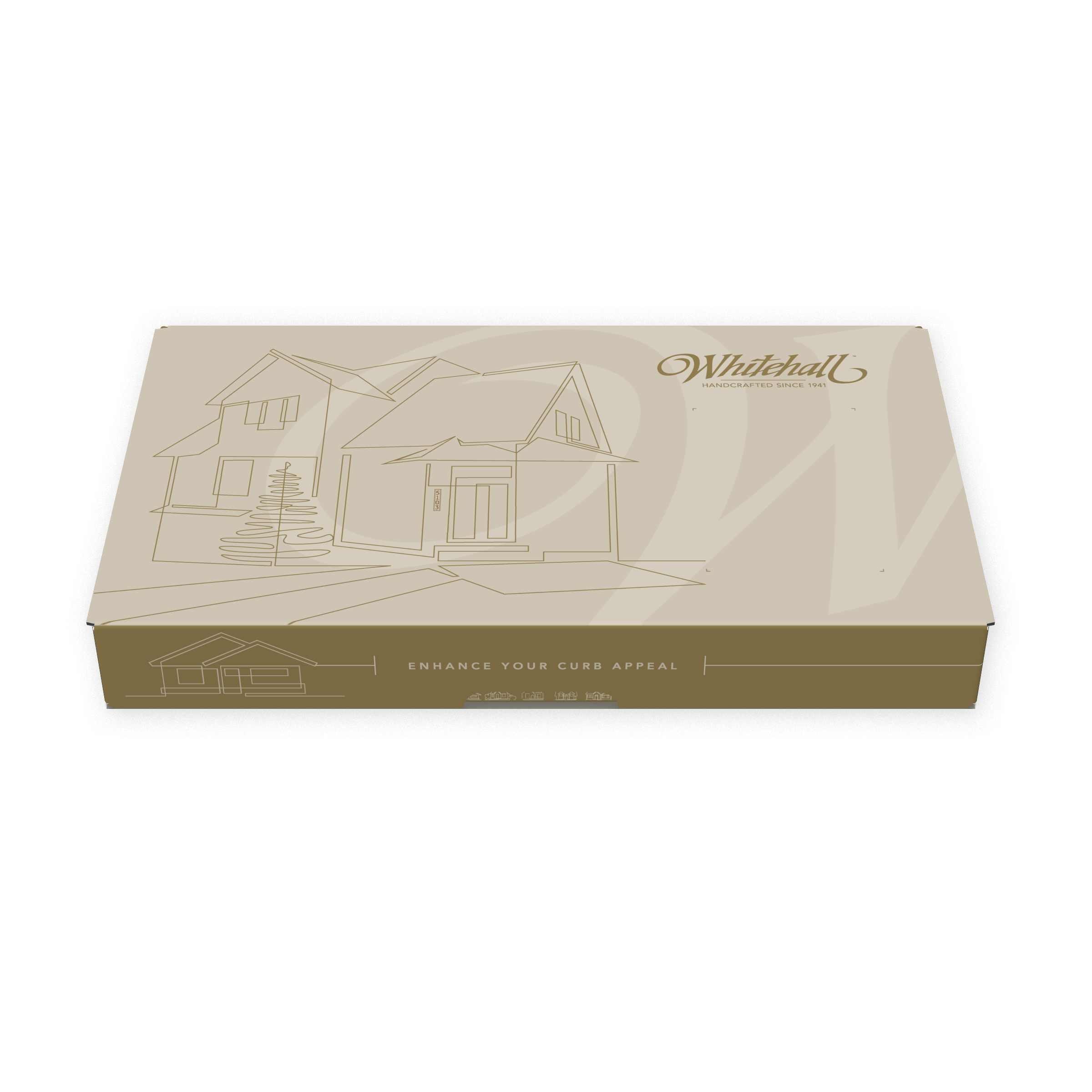 Box of Whitehall handcrafted home improvement products, featuring an outline drawing of a house on the packaging, with the brand's logo and tagline.