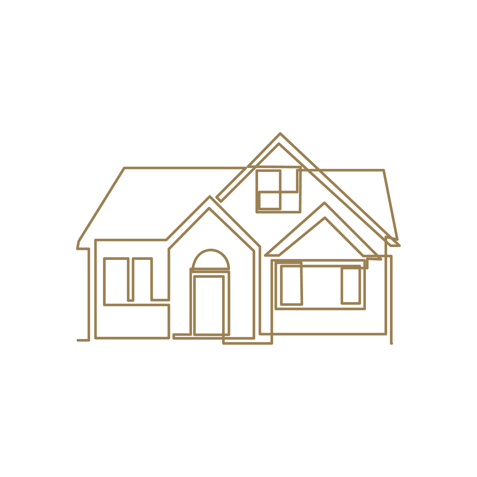 Line drawing of a two-story house with multiple gables, windows, and a front door on a black background.