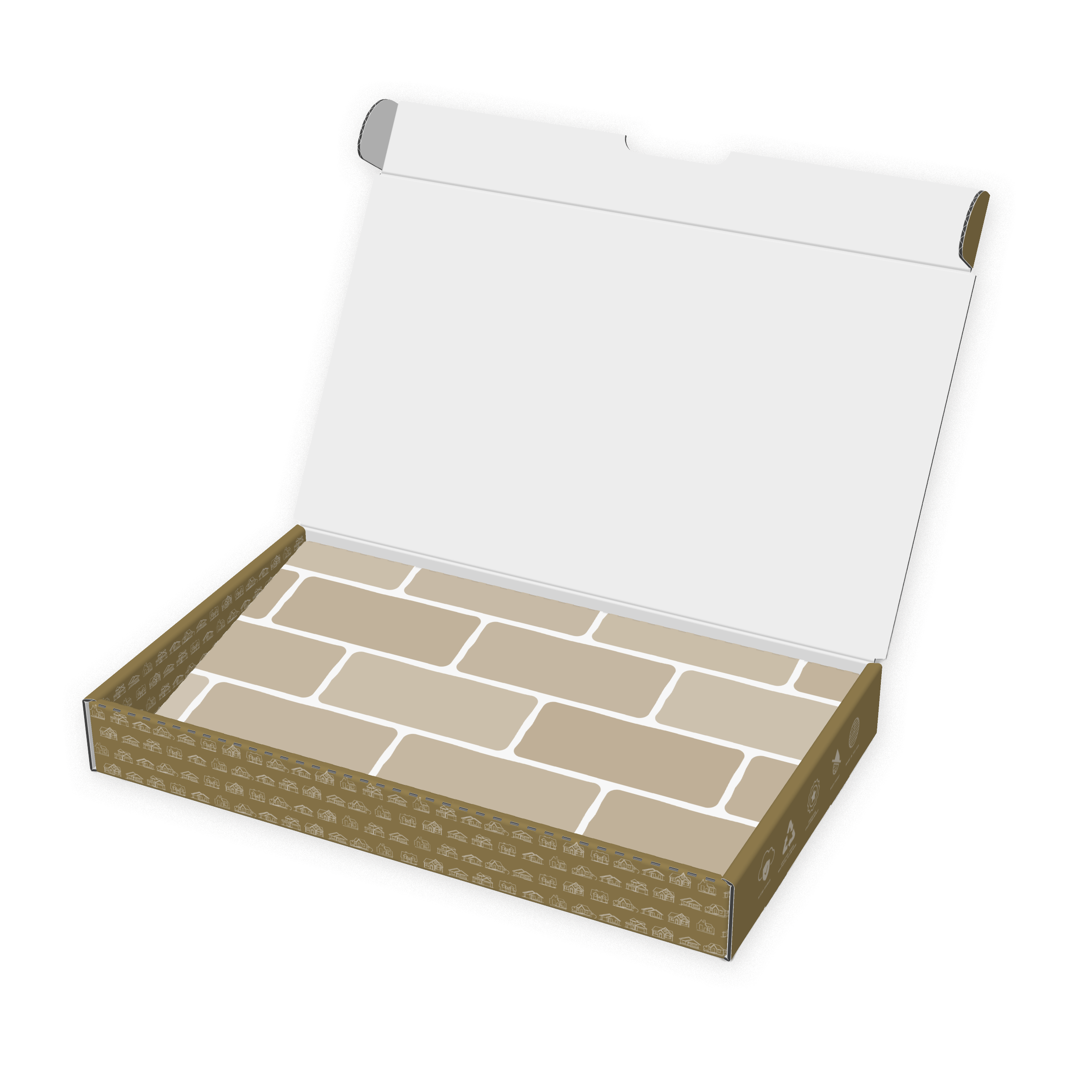 Close-up of an open cardboard box with a white flat object inside, set on a tiled surface.