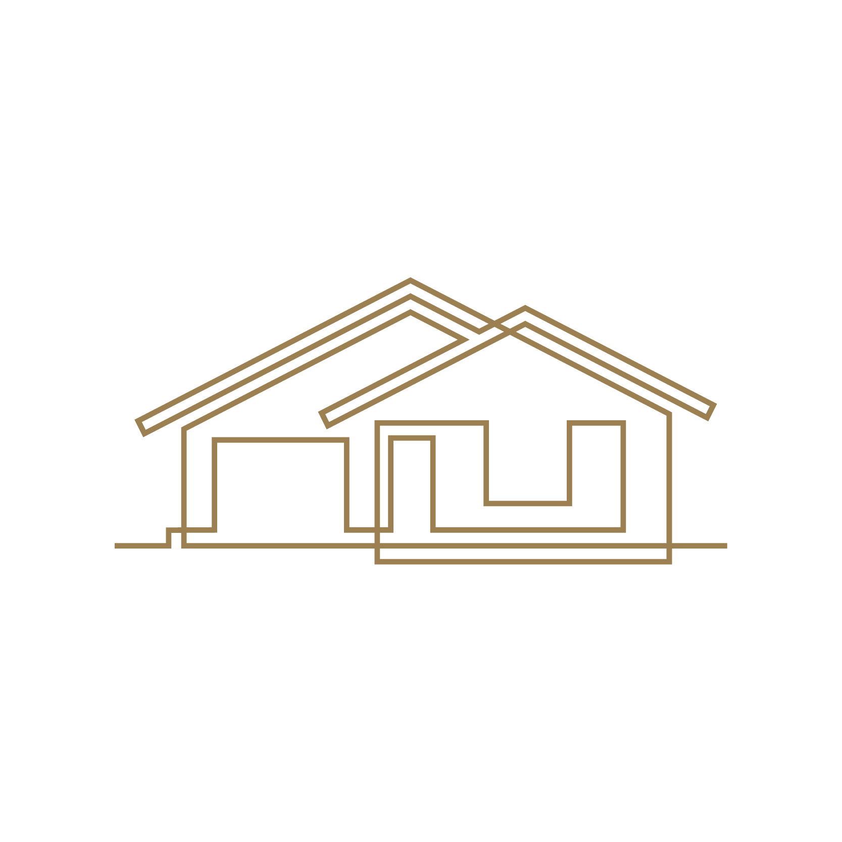 Line drawing of a house with a gable roof, door, and windows, outlined in light brown on a black background.