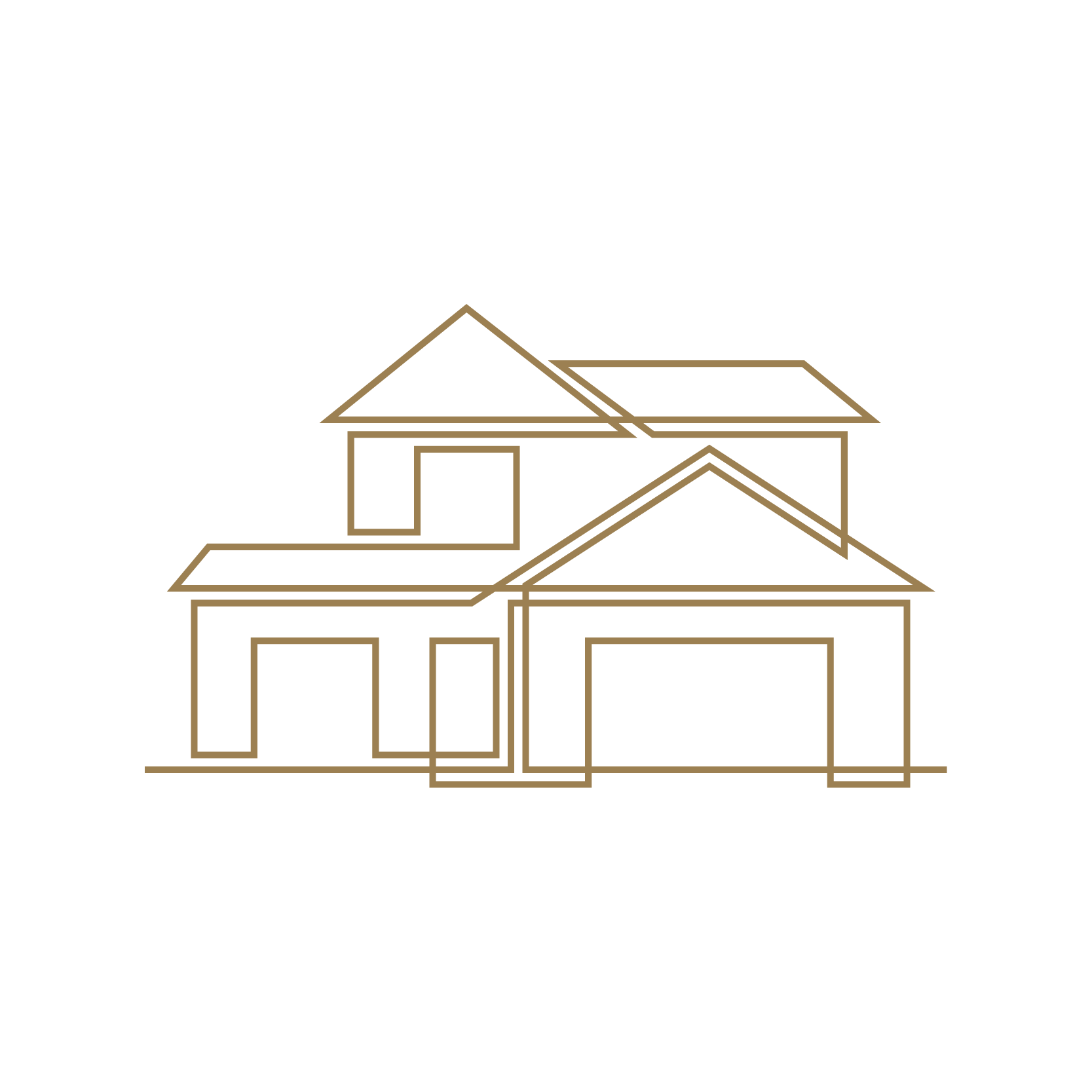 Line drawing of a modern house with flat and pitched roofs, windows, and a garage on a black background.