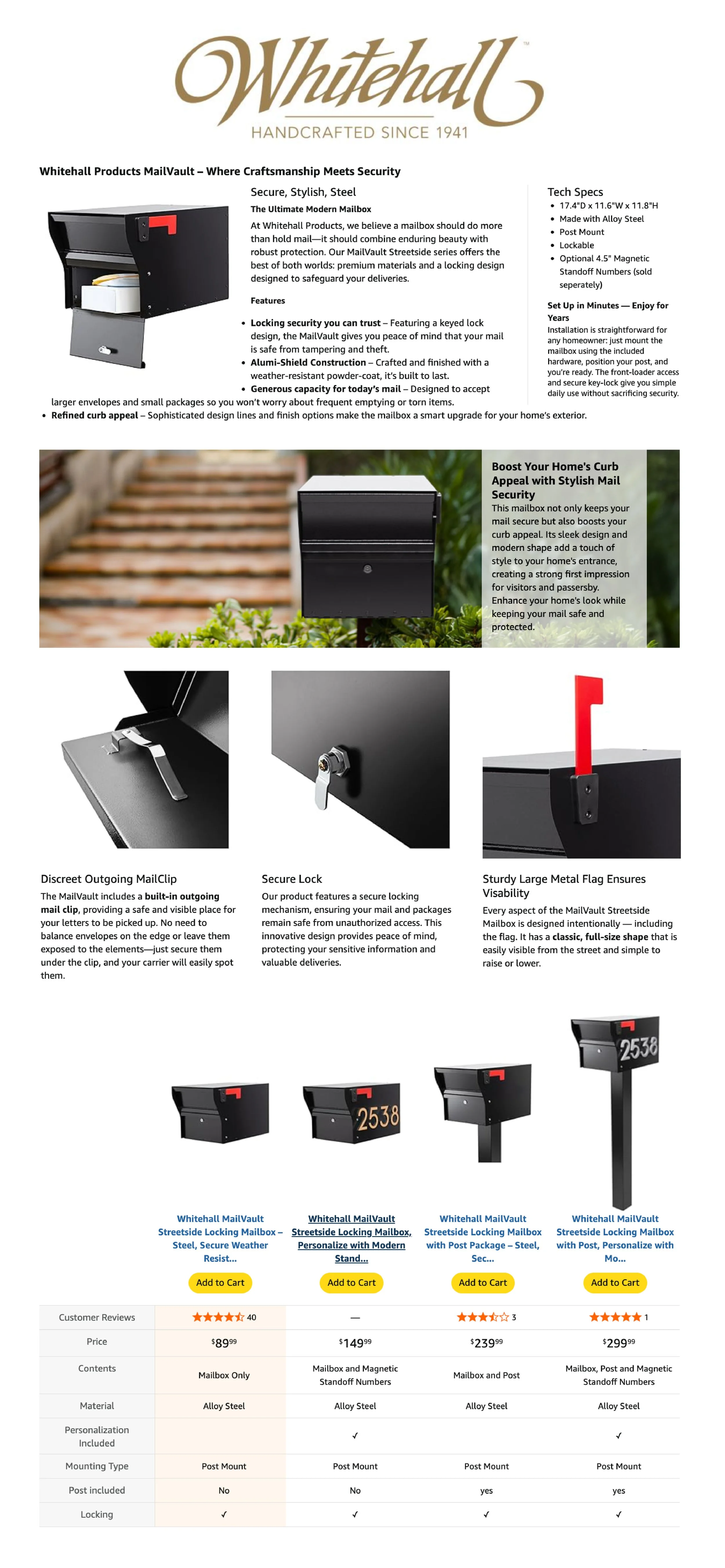 A flyer advertising Whitehall MailVault mailbox products, showcasing features like locking security, sturdy construction, and stylish design. Includes images of different mailbox models and a comparison chart of features and prices.
