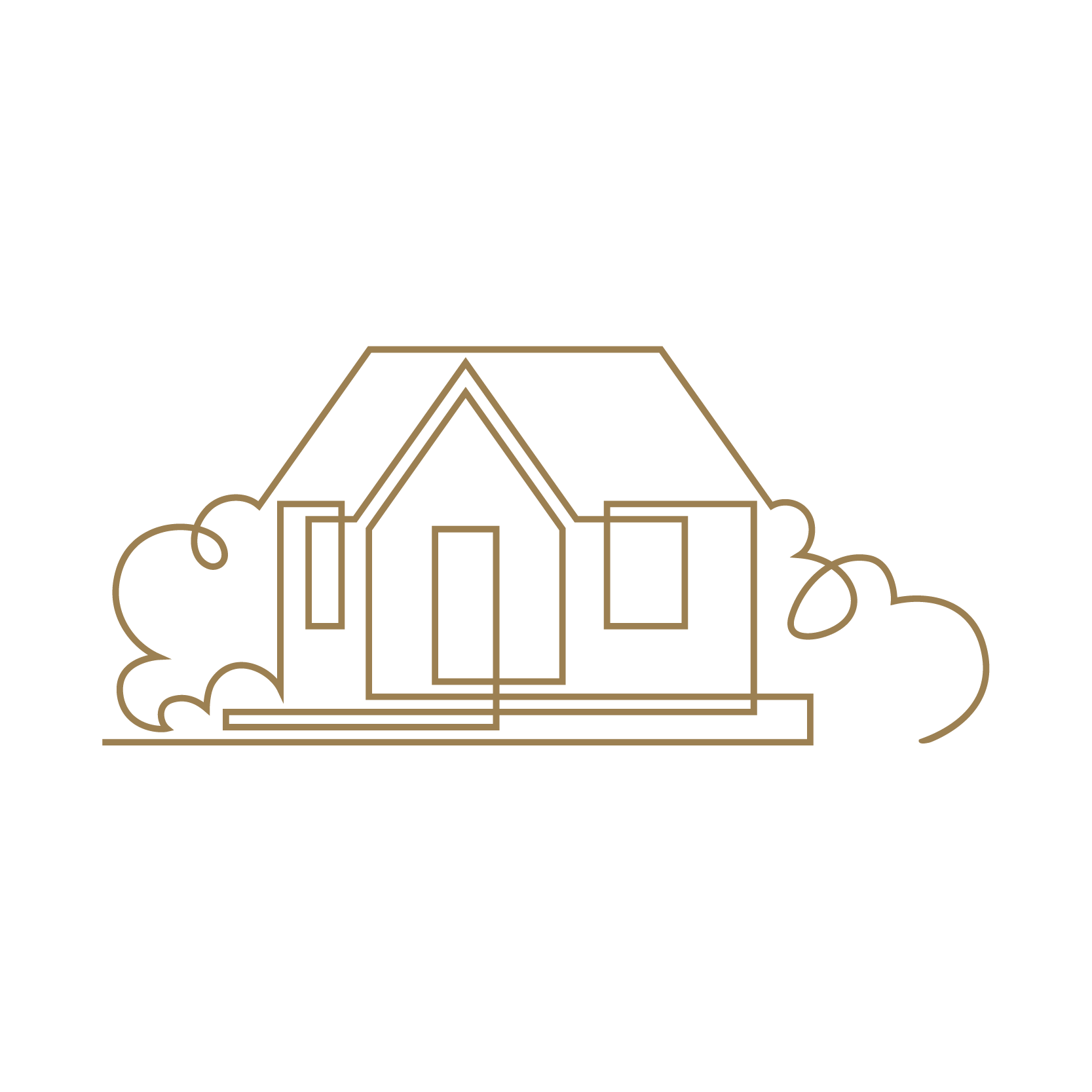 Line drawing of a house with a roof, windows, and door, surrounded by bushes and greenery.