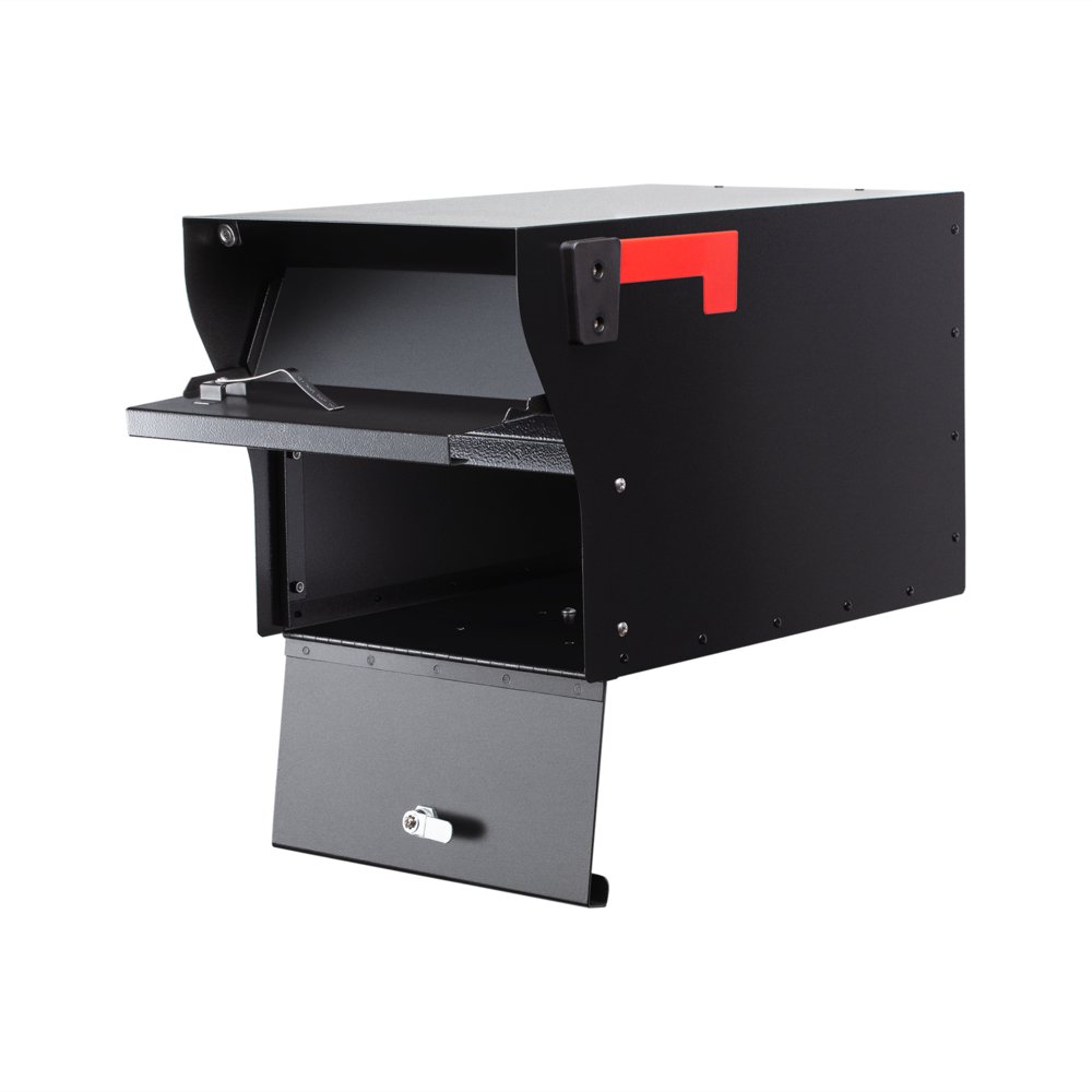 Black mailbox with a red sticker on the side and a lock on the bottom door, shown against a plain white background.