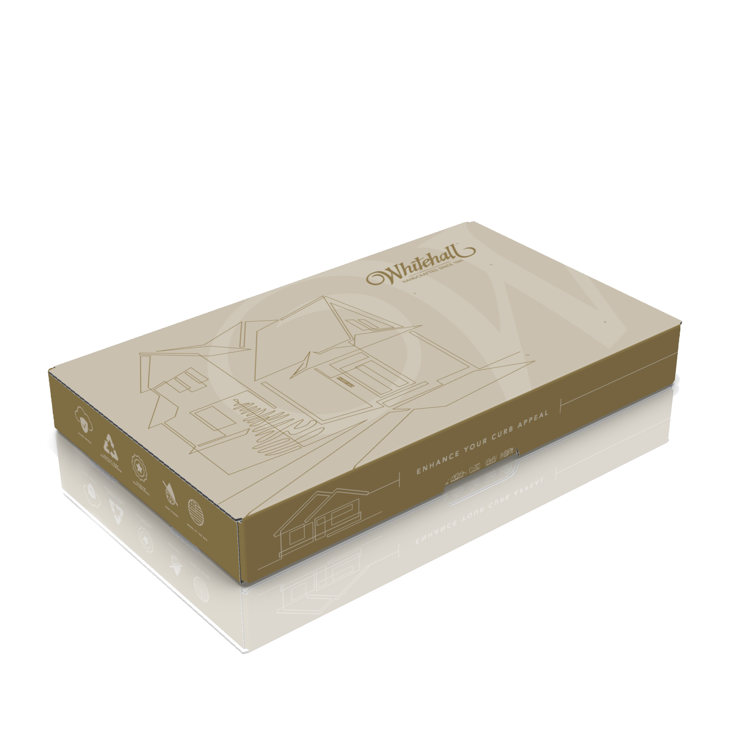 Gold-colored packaging box with the brand name Whitehall, featuring a line drawing of a house and icons related to sustainability and home improvement. The box includes the slogan 'Enhance Your Curb Appeal' and recycling symbols.